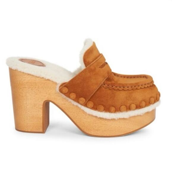 new Chloé Joy Suede & Shearling Block-Heel Clogs Caramel size 40 (US 9) - Picture 1 of 9